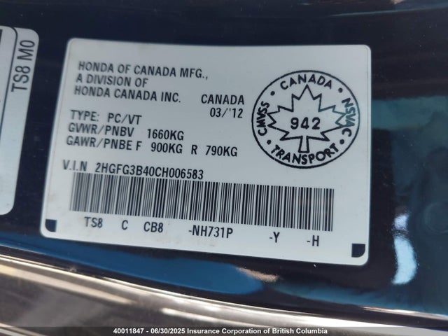 Продажа на аукционе авто 2012 Honda Civic Lx, vin: 2HGFG3B40CH006583, номер лота: 40011847