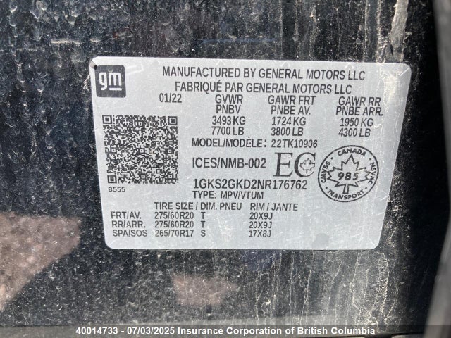 1GKS2GKD2NR176762 GMC l84 - di, dfm, alum, gen 5, var 2