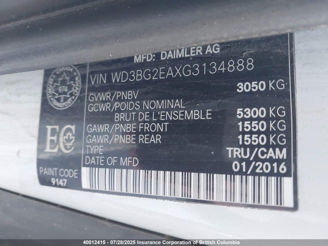 WD3BG2EAXG3134888 Mercedes-Benz 2016