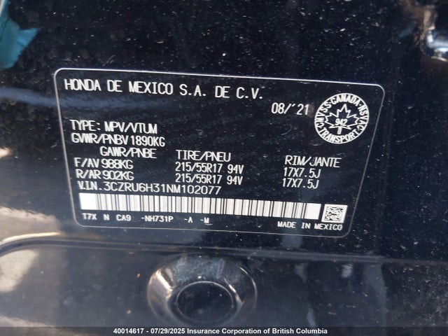 3CZRU6H31NM102077 Honda r18z9