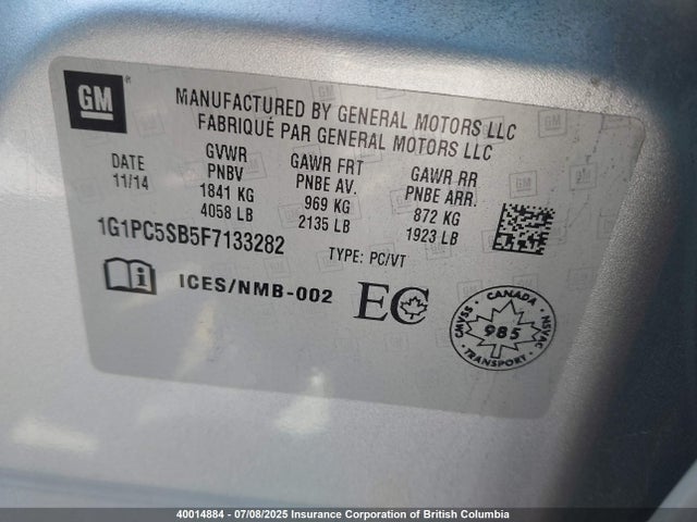 2015 Chevrolet Cruze მანქანა იყიდება აუქციონზე, vin: 1G1PC5SB5F7133282, აუქციონის ნომერი: 40014884