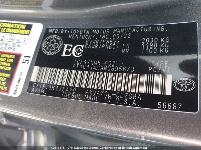 4T1G11AK9NU695673 Toyota a25a-fks