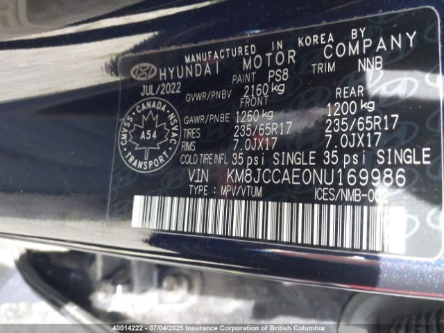 KM8JCCAE0NU169986 Hyundai gdi theta iii