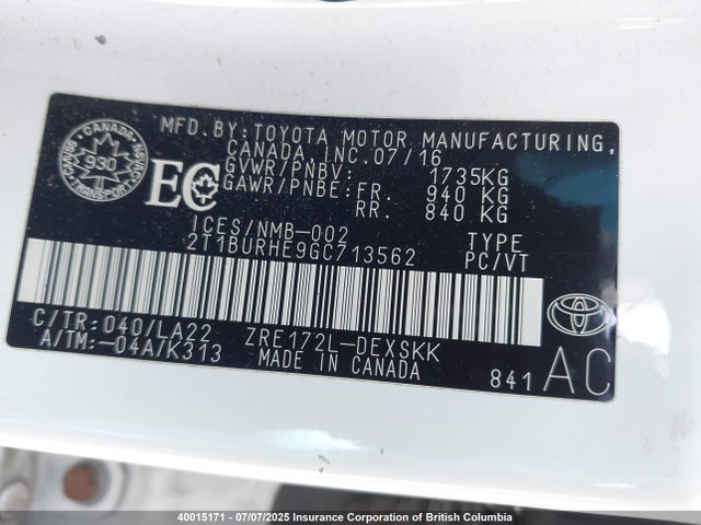 2T1BURHE9GC713562 Toyota 2zr-fe