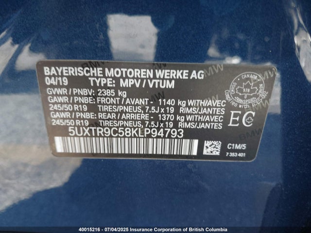 5UXTR9C58KLP94793 BMW X3