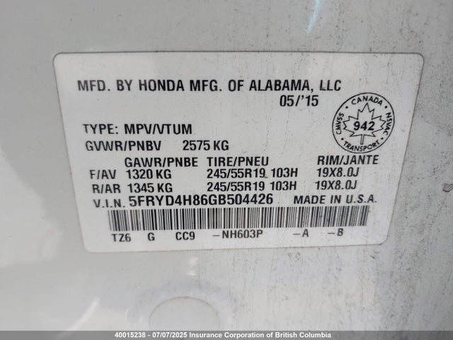 5FRYD4H86GB504426 Acura j35y5