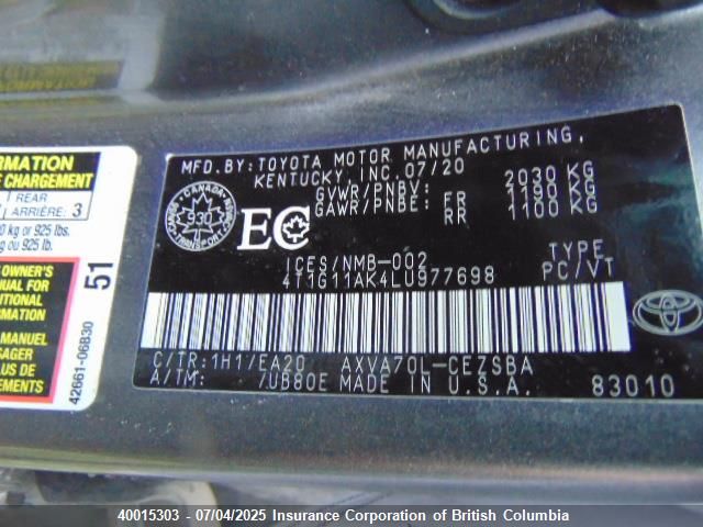 4T1G11AK4LU977698 Toyota a25a-fks