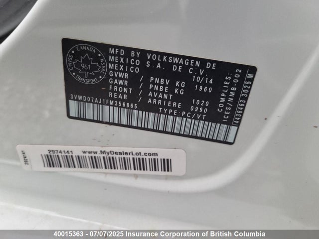 3VWD07AJ1FM356865 Volkswagen 2015