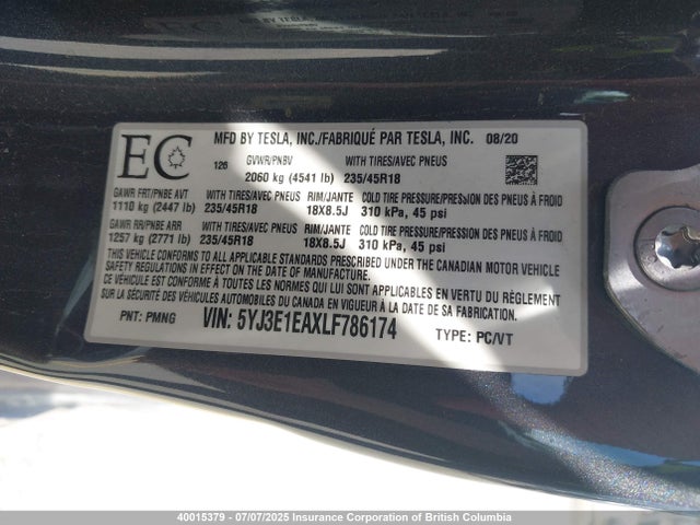 5YJ3E1EAXLF786174 Tesla 2020