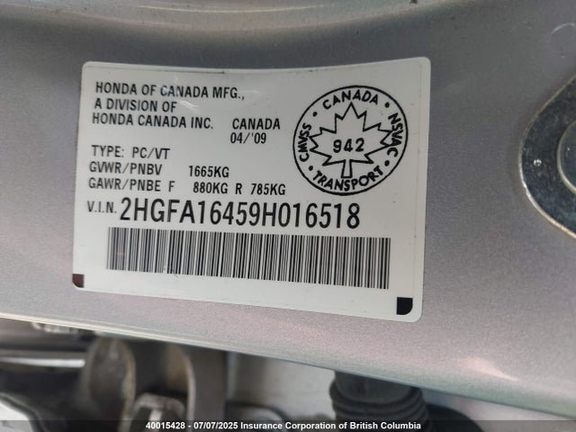 Aukcja sprzedaży 2009 Honda Civic, vin: 2HGFA16459H016518, numer aukcji: 40015428