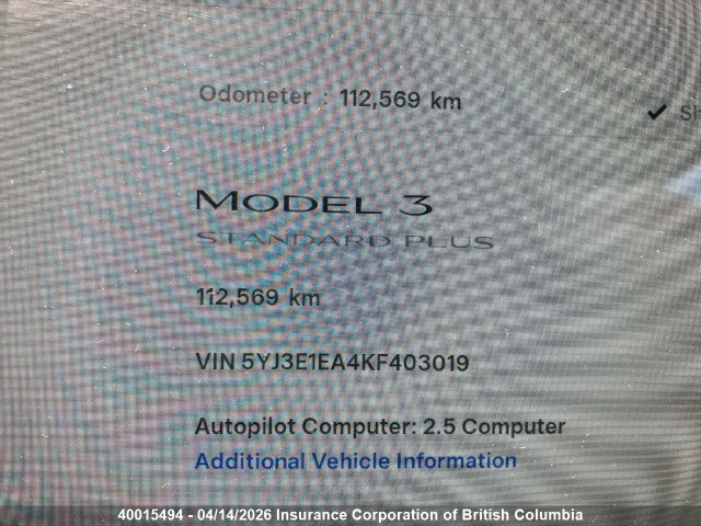 2019 Tesla Model 3 მანქანა იყიდება აუქციონზე, vin: 5YJ3E1EA4KF403019, აუქციონის ნომერი: 40015494