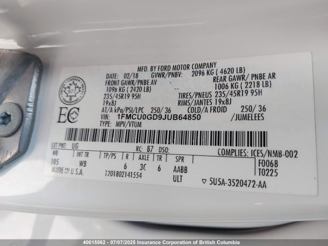 1FMCU0GD9JUB64850 Ford 1.5l gtdi sigma w/premium fuel