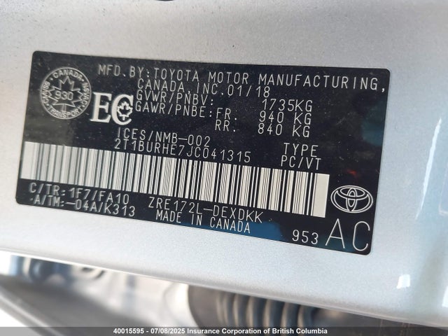 2T1BURHE7JC041315 Toyota 2zr-fe