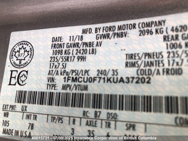 1FMCU0F71KUA37202 Ford 2.5l i-vct