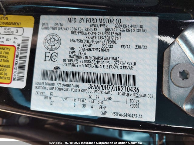 3FA6P0H7XHR210436 Ford 2017