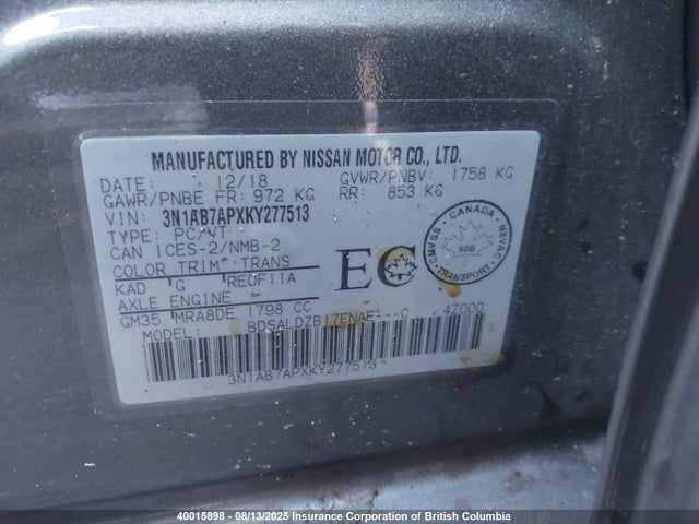 3N1AB7APXKY277513 Nissan 2019