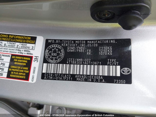 2010 Toyota Camry Hybrid მანქანა იყიდება აუქციონზე, vin: 4T1BB3EK1AU113671, აუქციონის ნომერი: 40013494