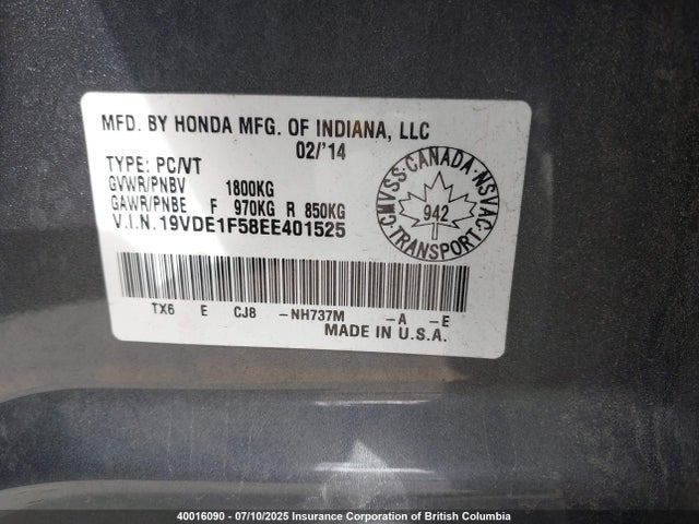 19VDE1F58EE401525 Acura r20a5