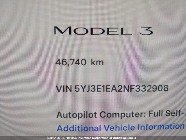 5YJ3E1EA2NF332908 Tesla MODEL 3