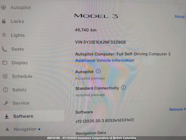5YJ3E1EA2NF332908 Tesla MODEL 3