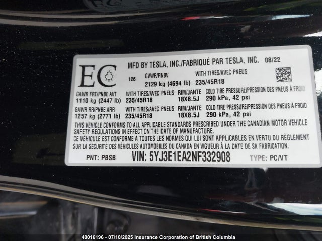 5YJ3E1EA2NF332908 Tesla MODEL 3