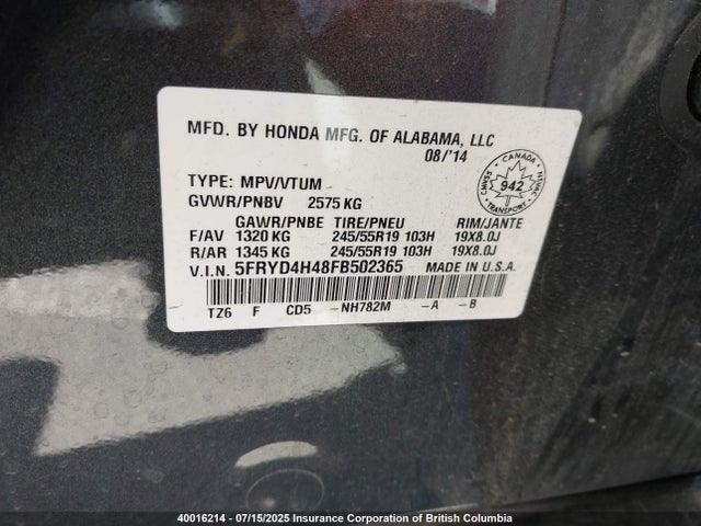 Acura j35y5 2015 5FRYD4H48FB502365 Image 9