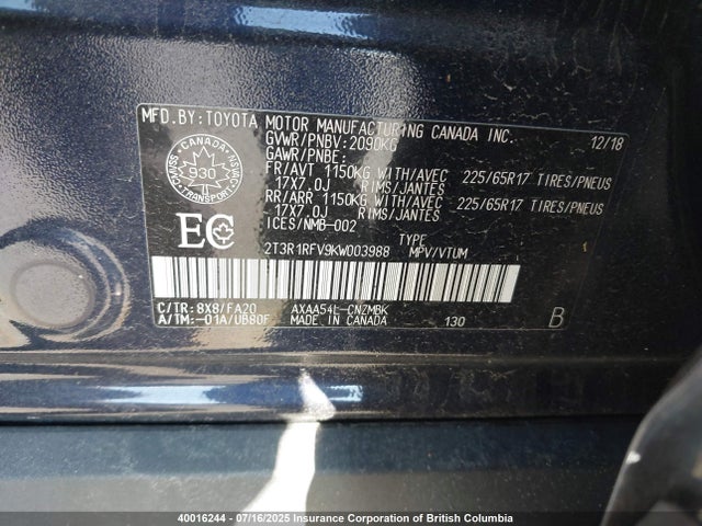 2T3R1RFV9KW003988 Toyota a25a-fks