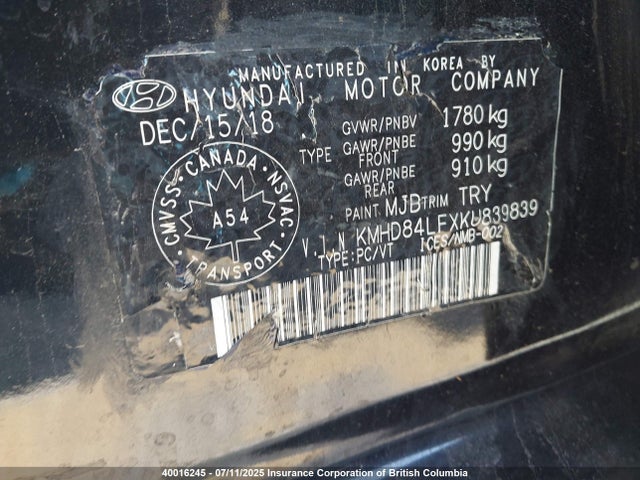 KMHD84LFXKU839839 Hyundai mpi nu