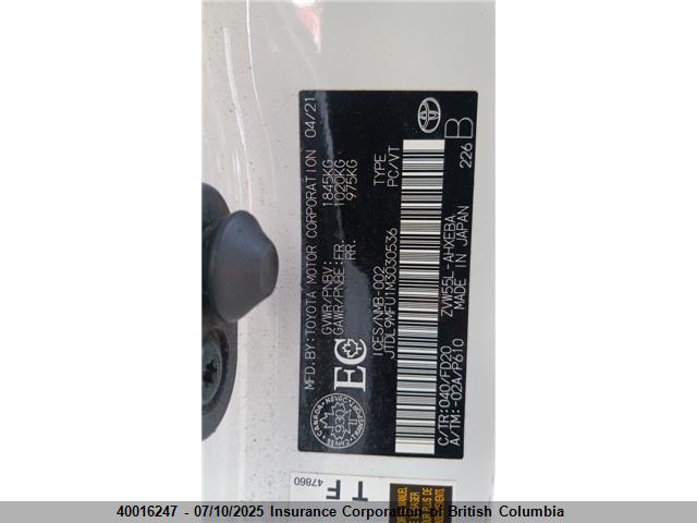 JTDL9MFU1M3030536 Toyota 2zr-fxe, 1nm+1mm
