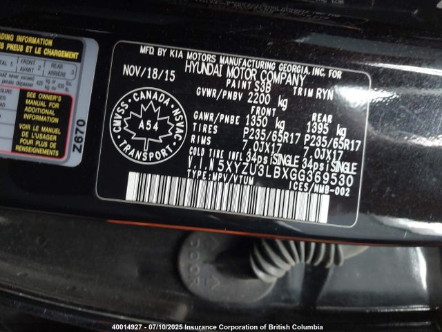 5XYZU3LBXGG369530 Hyundai gdi theta ii