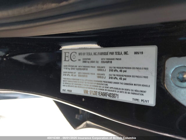 5YJ3E1EA6KF403071 Tesla 2019