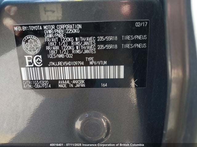 JTMJJREV5HD109794 Toyota 2ar-fxe, 2jm+2fm