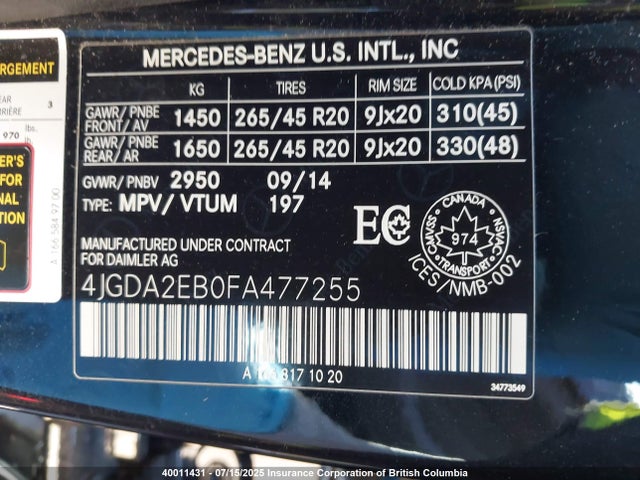 4JGDA2EB0FA477255 Mercedes-Benz 2015