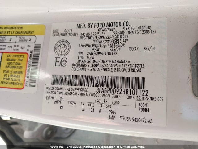 Ford 2.0l gtdi premium fuel 2017 3FA6P0D92HR101122 Image 9