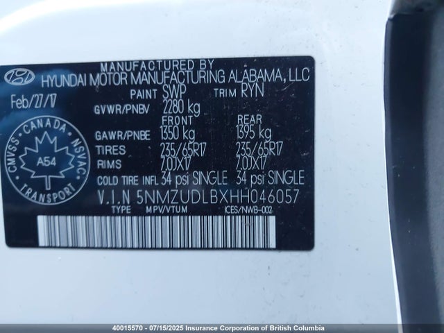 5NMZUDLBXHH046057 Hyundai gdi theta ii