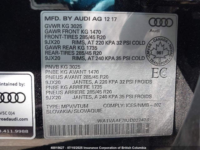 WA1VAAF79JD027473 Audi 2018