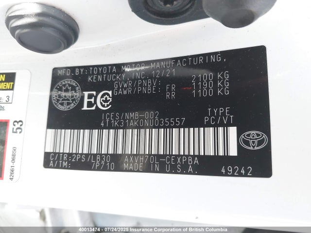 Toyota a25a-fxs, 3nm 2022 4T1K31AK0NU035557 Image 9