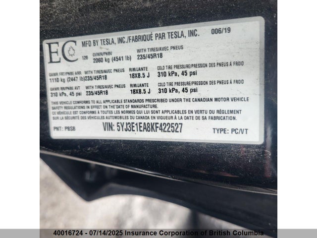 5YJ3E1EA8KF422527 Tesla MODEL 3