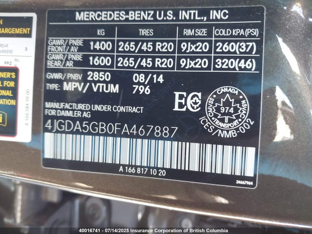 4JGDA5GB0FA467887 Mercedes-Benz 2015