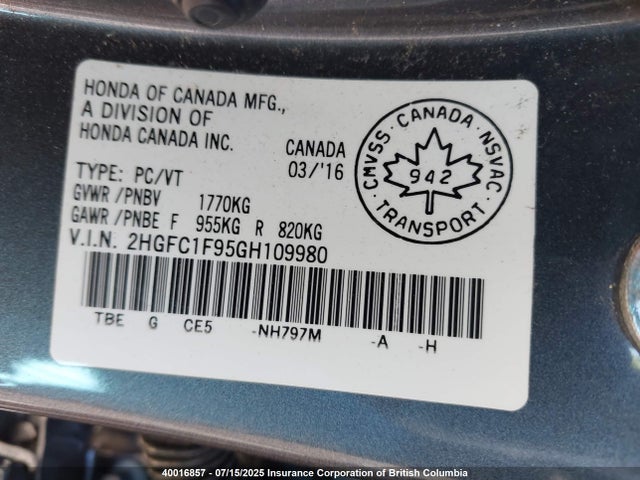 Honda l15b7 2016 2HGFC1F95GH109980 Image 9