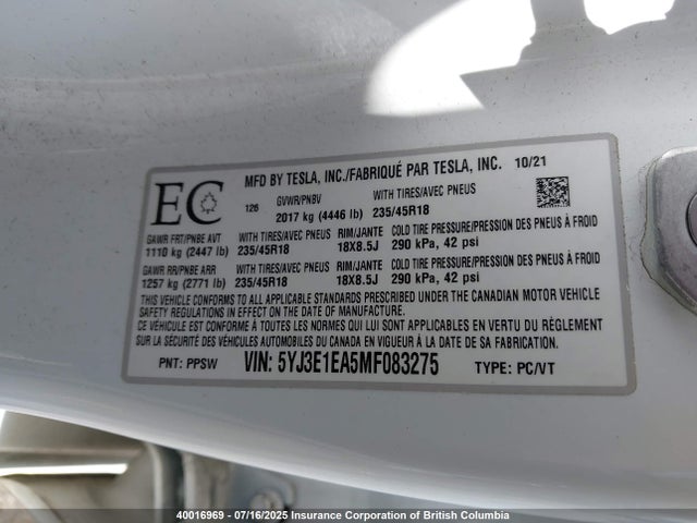 5YJ3E1EA5MF083275 Tesla MODEL 3