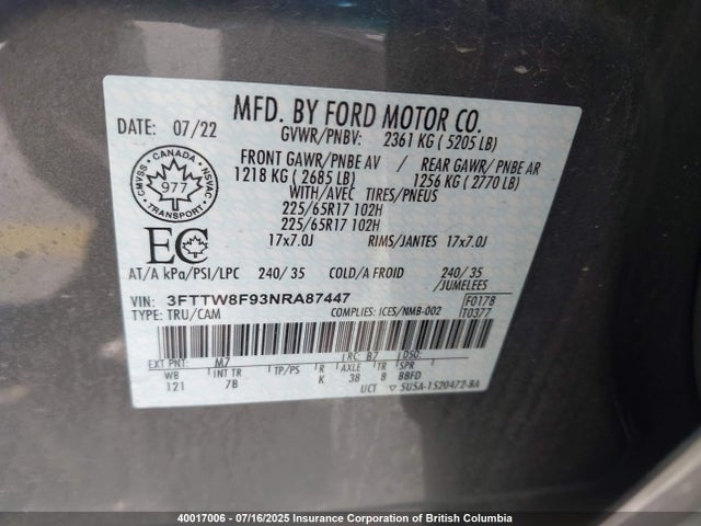 Ford ecoboost 2022 3FTTW8F93NRA87447 Image 9