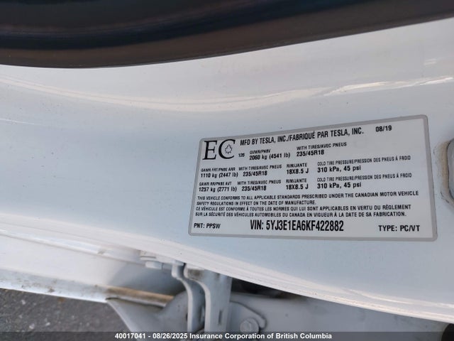 5YJ3E1EA6KF422882 Tesla MODEL 3