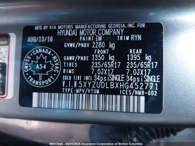 5XYZUDLBXHG452771 Hyundai gdi theta ii