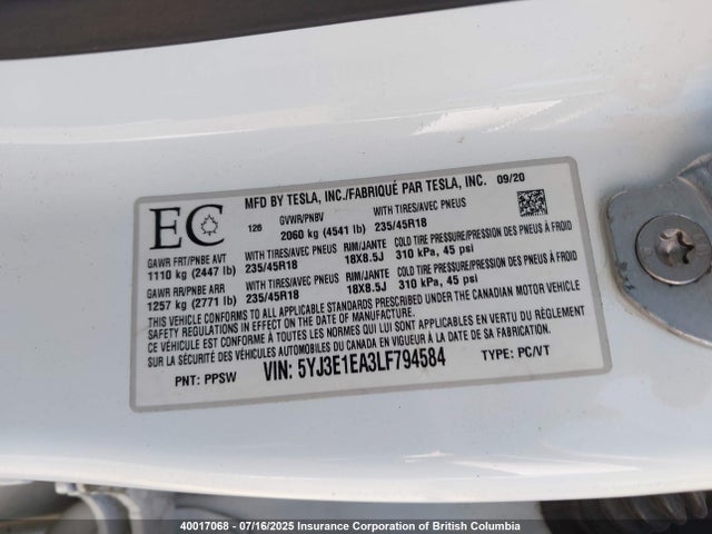 5YJ3E1EA3LF794584 Tesla MODEL 3