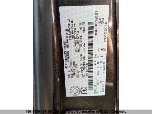 1FMCU9G98HUB07257 Ford 2017