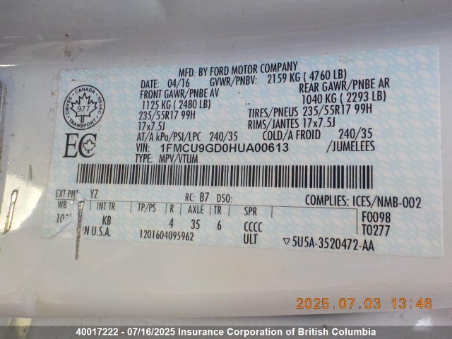 1FMCU9GD0HUA00613 Ford gtdi sigma w/premium fuel