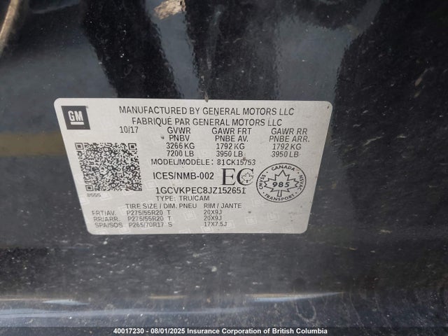 1GCVKPEC8JZ152651 Chevrolet l83 - sidi: spark ignited direct injection, vvt: variable valve timing, afm, e85 max, alum
