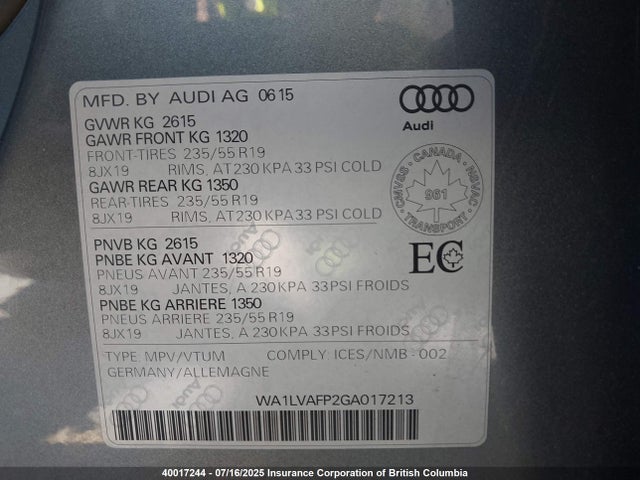 WA1LVAFP2GA017213 Audi 2.0t