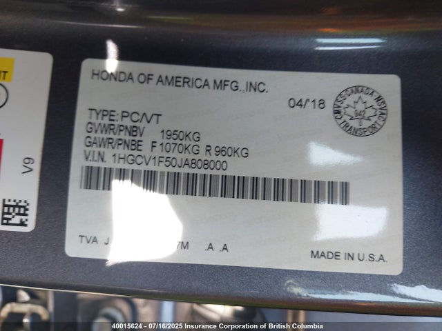 1HGCV1F50JA808000 Honda l15be